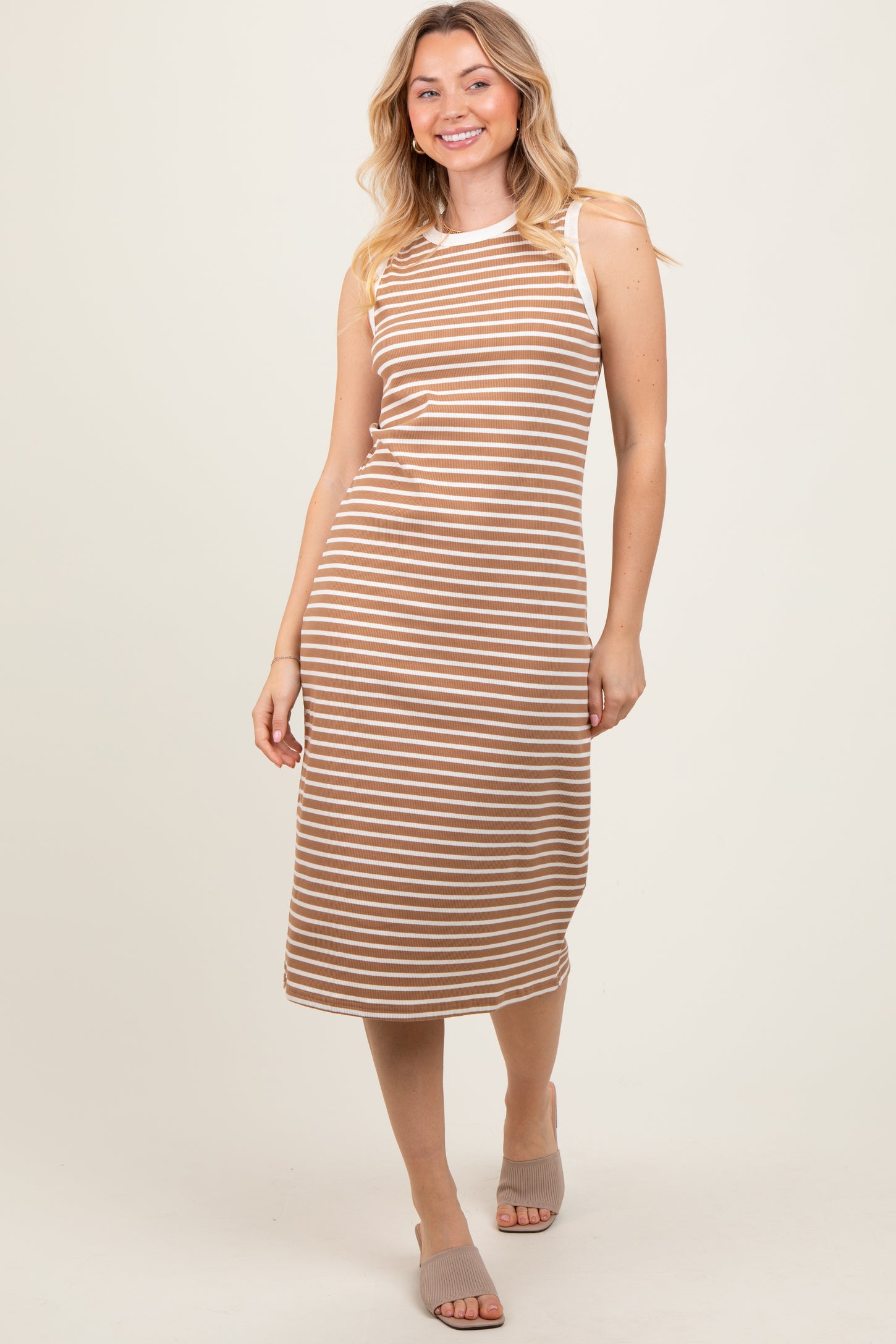 Mocha Striped Ribbed Knit Sleeveless Maternity Midi Dress