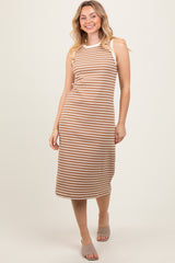 Mocha Striped Ribbed Knit Sleeveless Maternity Midi Dress