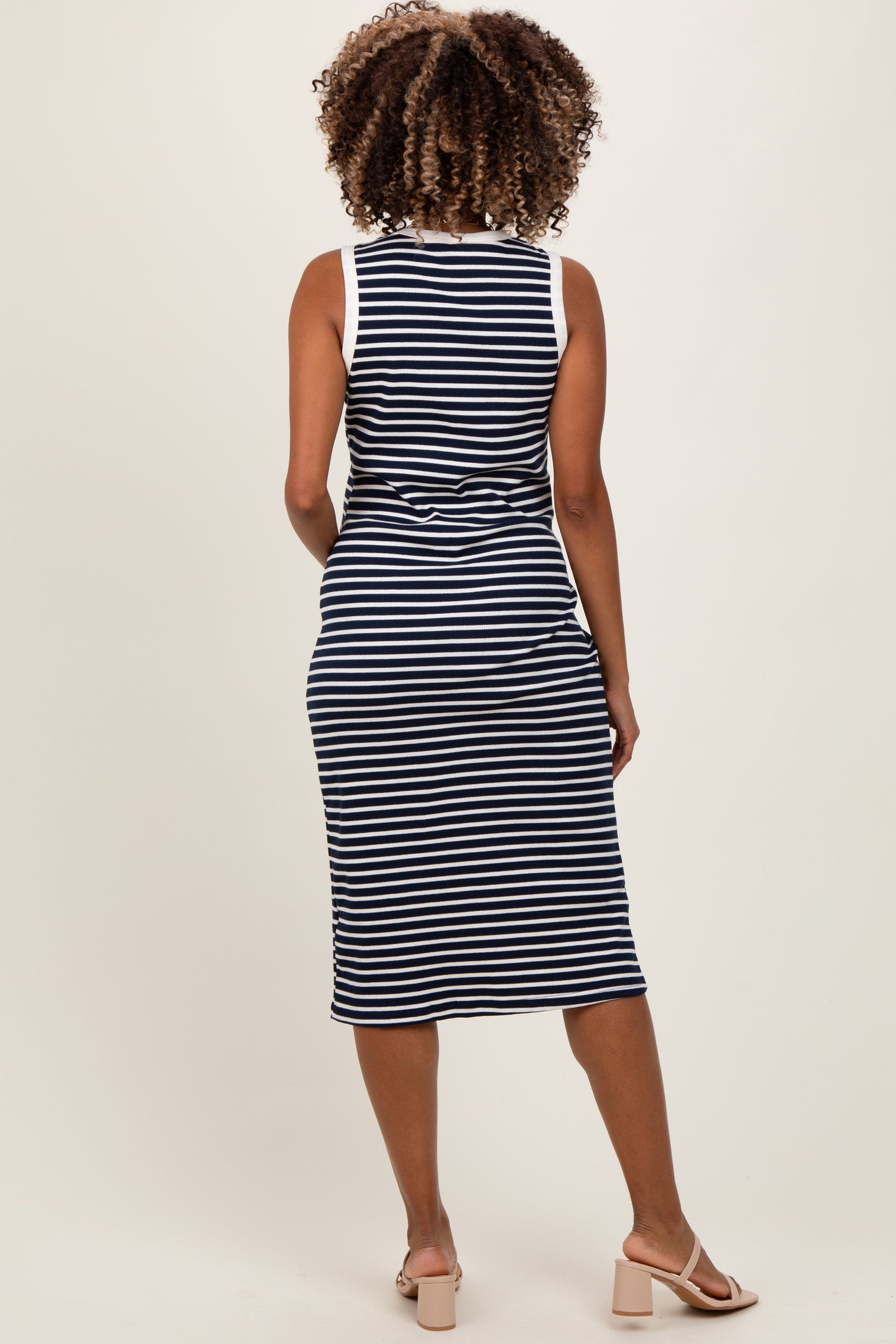 Navy Striped Ribbed Knit Sleeveless Maternity Midi Dress