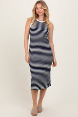 Navy Striped Ribbed Knit Sleeveless Maternity Midi Dress