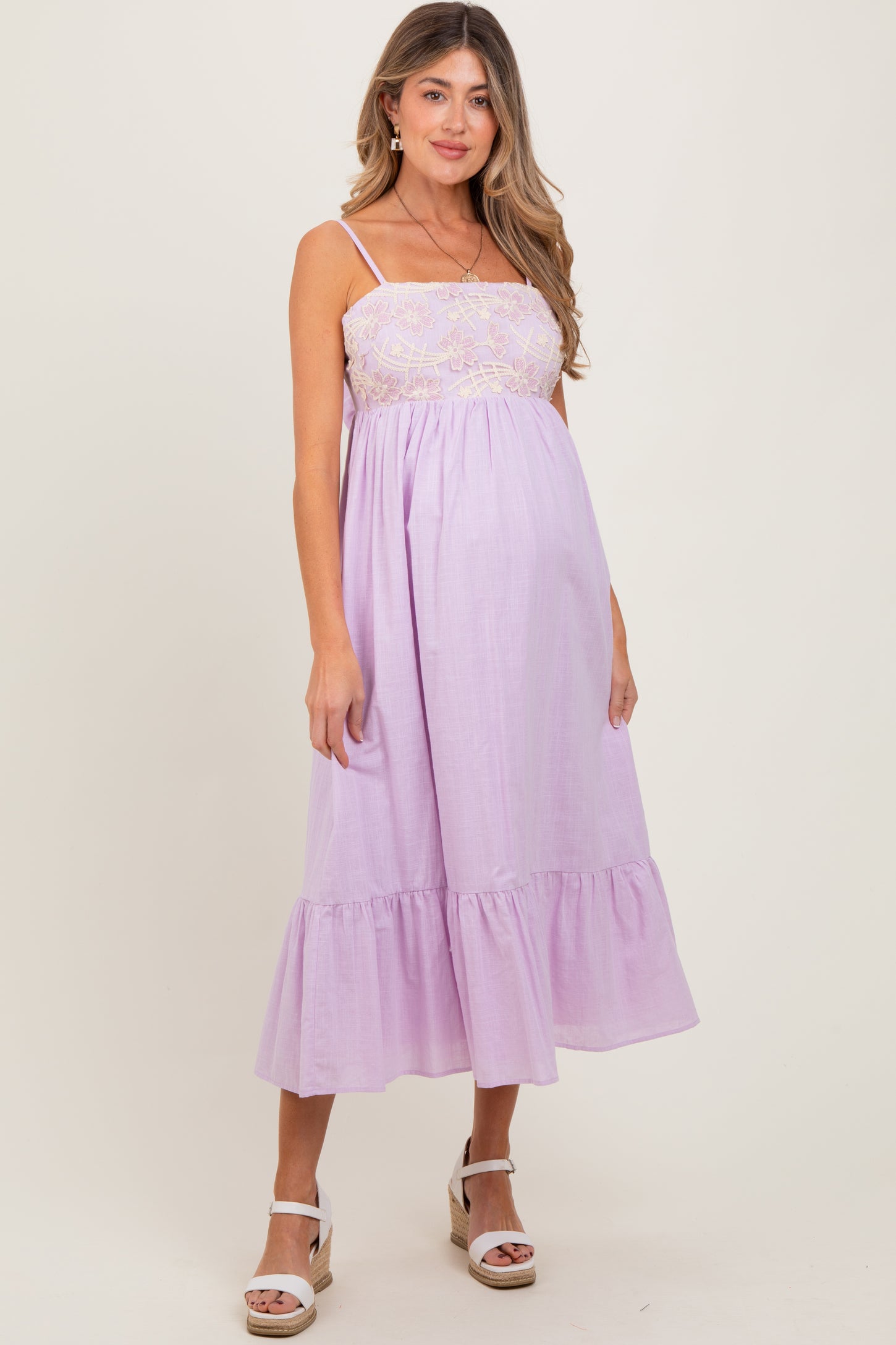 Lavender Floral Embroidery Back Ribbon Maternity Midi Dress