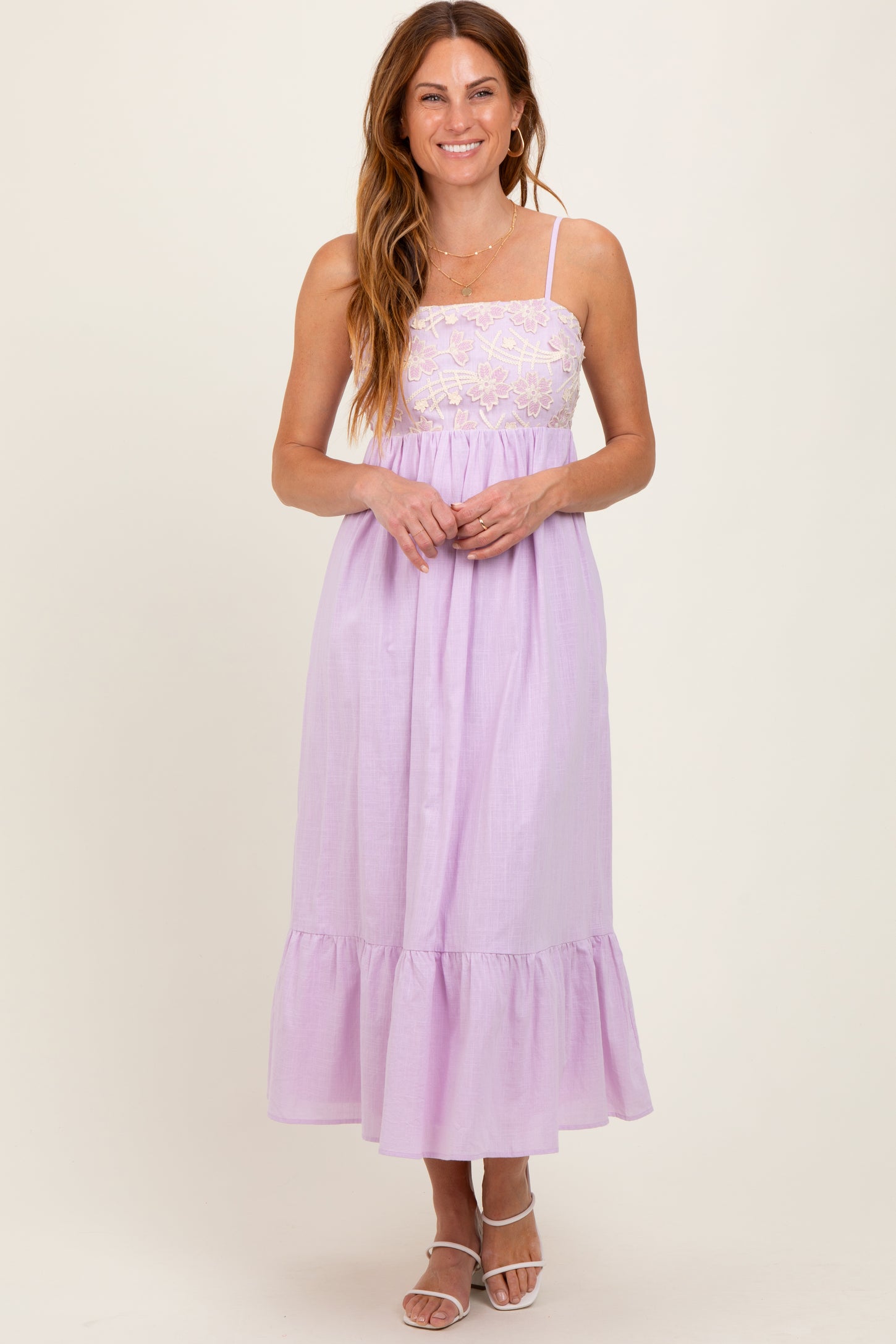Lavender Floral Embroidery Back Ribbon Midi Dress