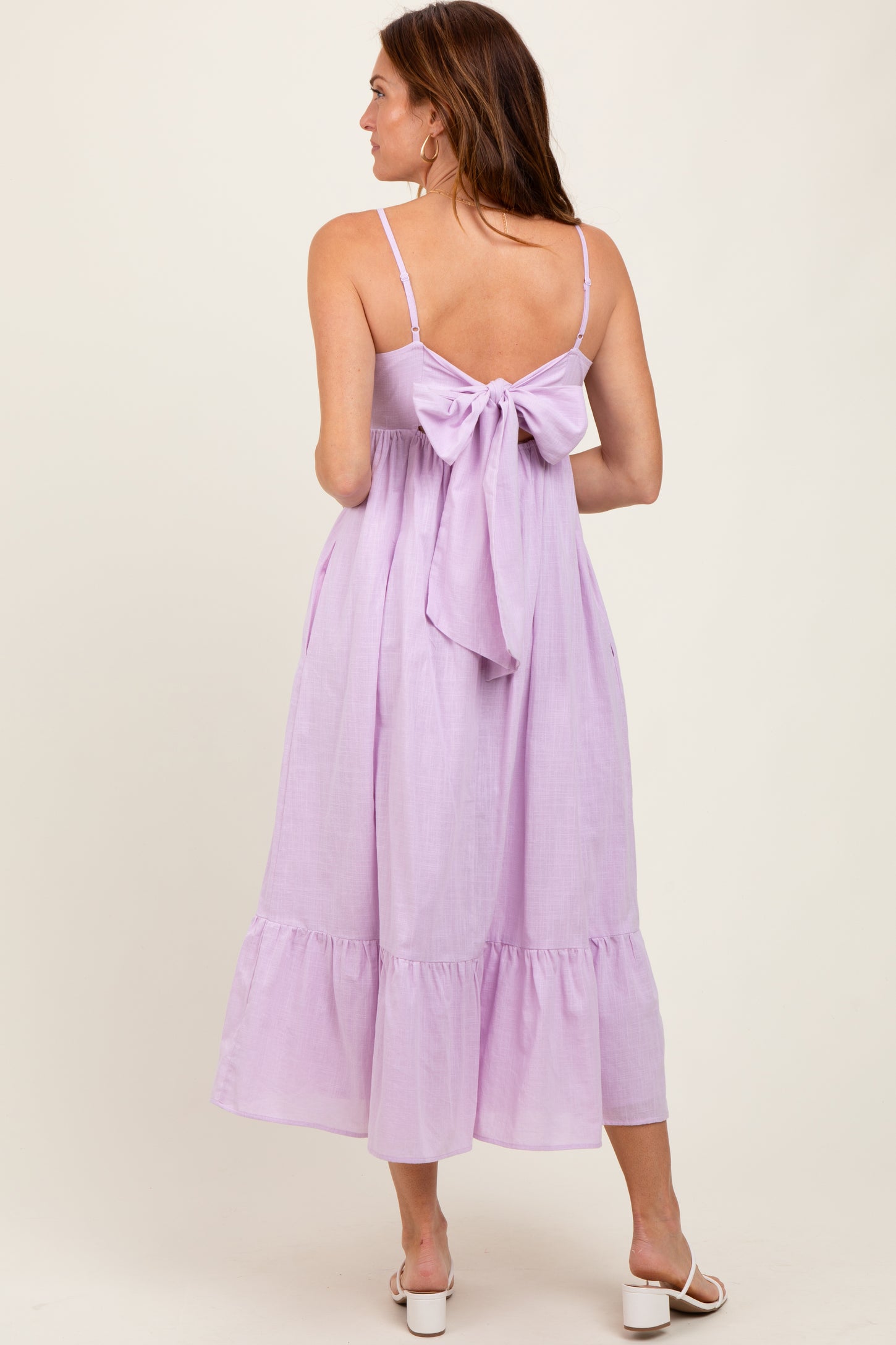 Lavender Floral Embroidery Back Ribbon Midi Dress