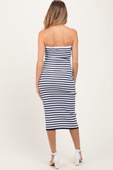 Navy Striped Knit Strapless Maternity Midi Dress
