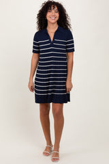 Navy Striped Knit Collared Pleated Dress