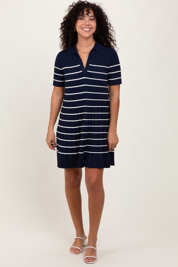 Navy Striped Knit Collared Pleated Dress