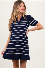 Navy Striped Knit Collared Pleated Maternity Dress