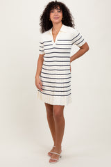 White Striped Knit Collared Pleated Dress