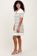 White Striped Knit Collared Pleated Dress