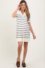 White Striped Knit Collared Pleated Maternity Dress