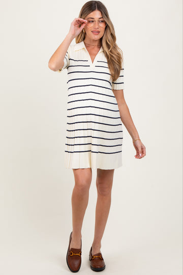White Striped Knit Collared Pleated Maternity Dress
