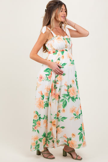 Peach Tropical Floral Shoulder Tie Maternity Maxi Dress