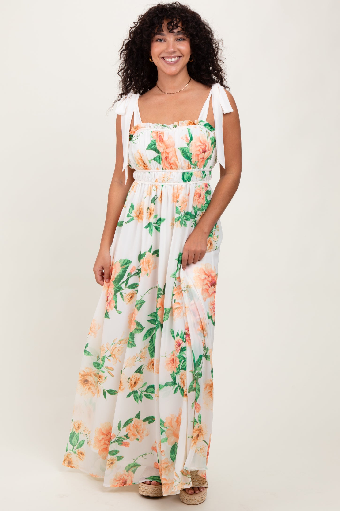 Peach Tropical Floral Shoulder Tie Maternity Maxi Dress