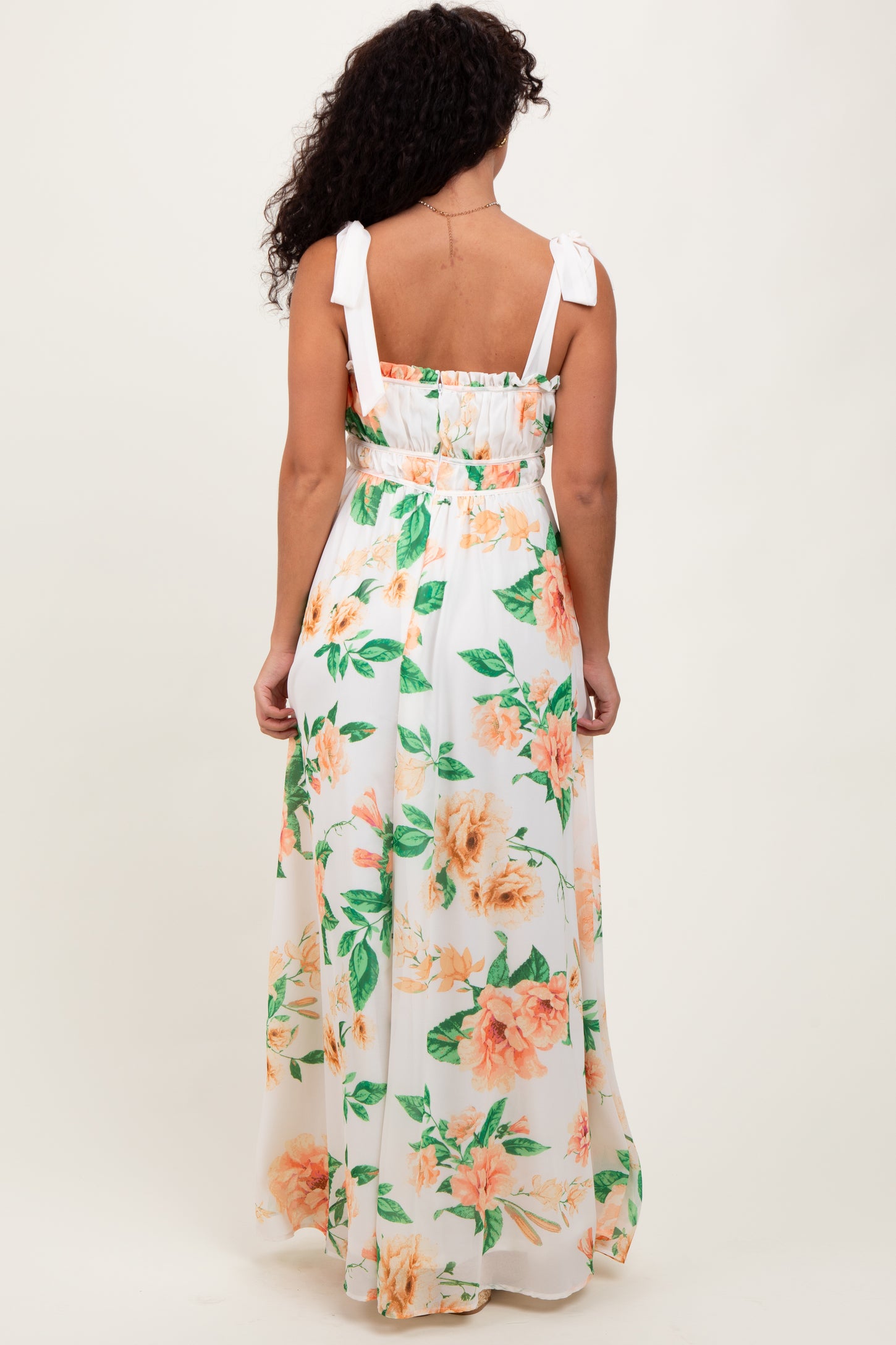 Peach Tropical Floral Shoulder Tie Maxi Dress