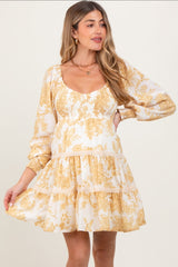 Yellow Floral Smocked Bubble Sleeve Tiered Maternity Dress