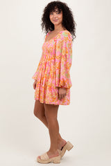 Pink Floral Smocked Bubble Sleeve Dress