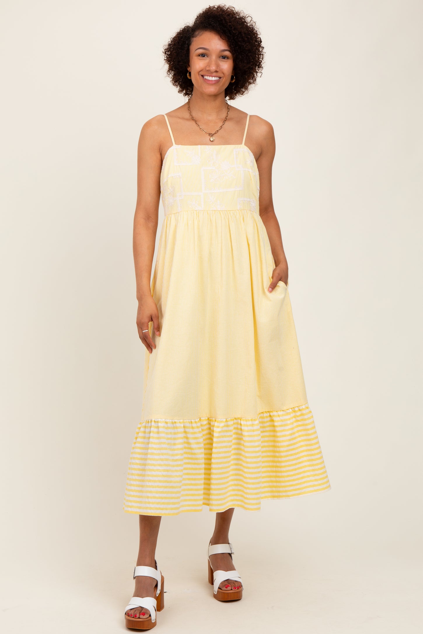 Yellow Embroidered Striped Colorblock Midi Dress