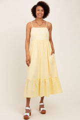 Yellow Embroidered Striped Colorblock Midi Dress