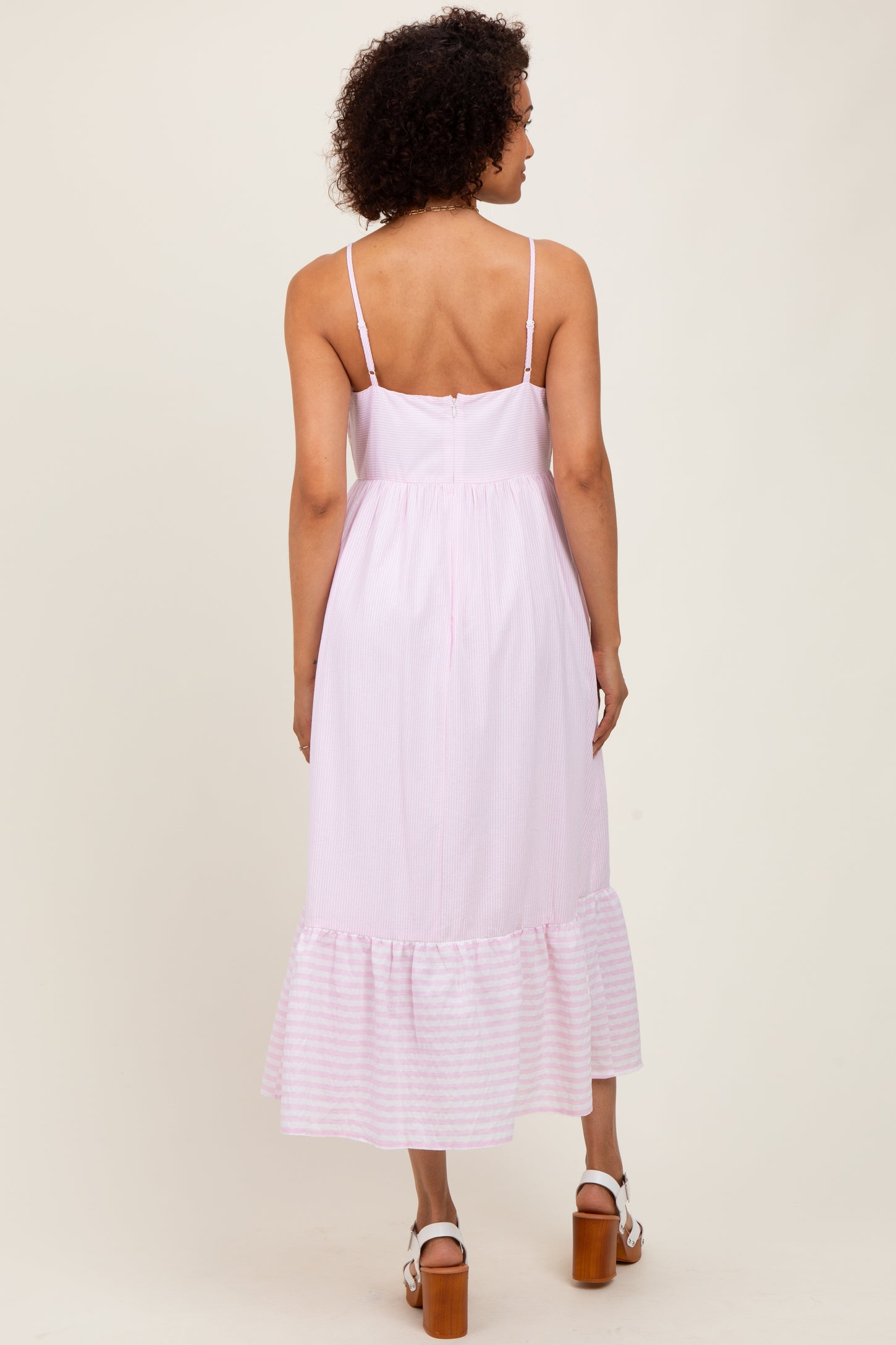 Light Pink Embroidered Striped Colorblock Midi Dress