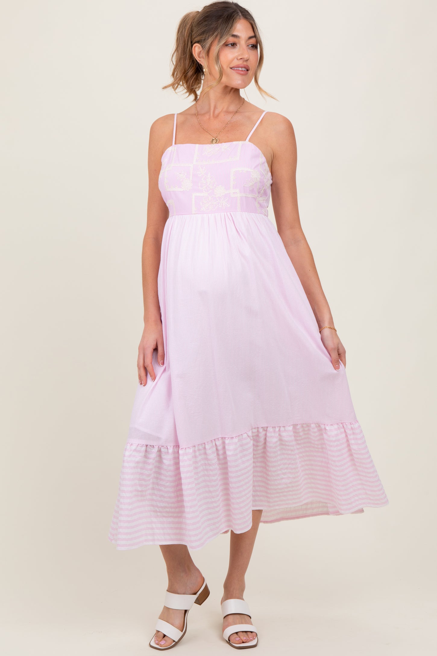 Light Pink Embroidered Striped Colorblock Maternity Midi Dress