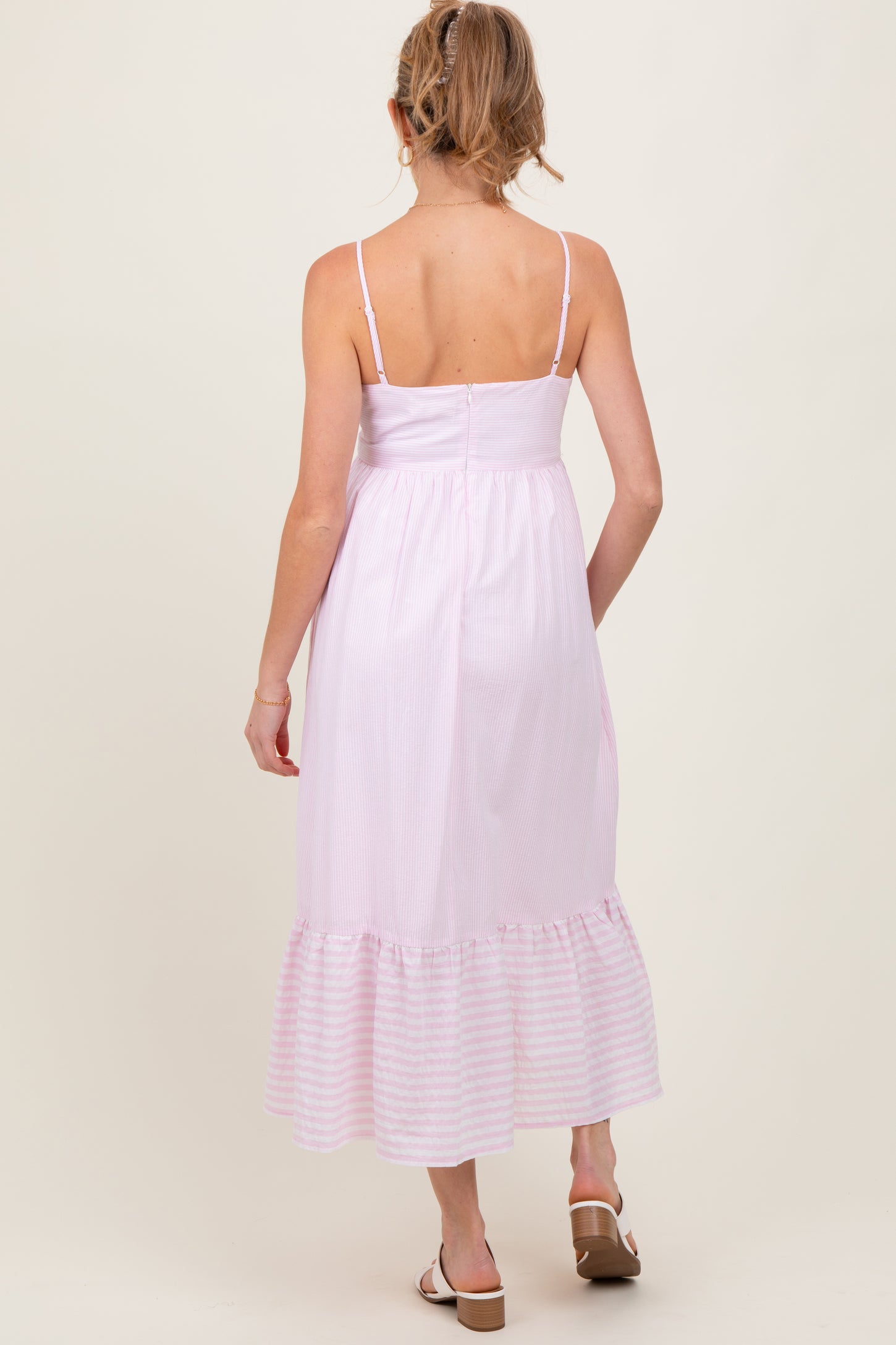 Light Pink Embroidered Striped Colorblock Maternity Midi Dress