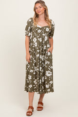 Olive Floral Sweetheart Neckline Midi Dress