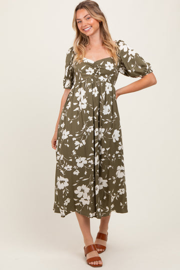 Olive Floral Sweetheart Neckline Midi Dress
