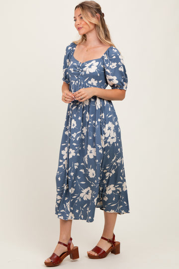 Light Navy Floral Sweetheart Neckline Midi Dress