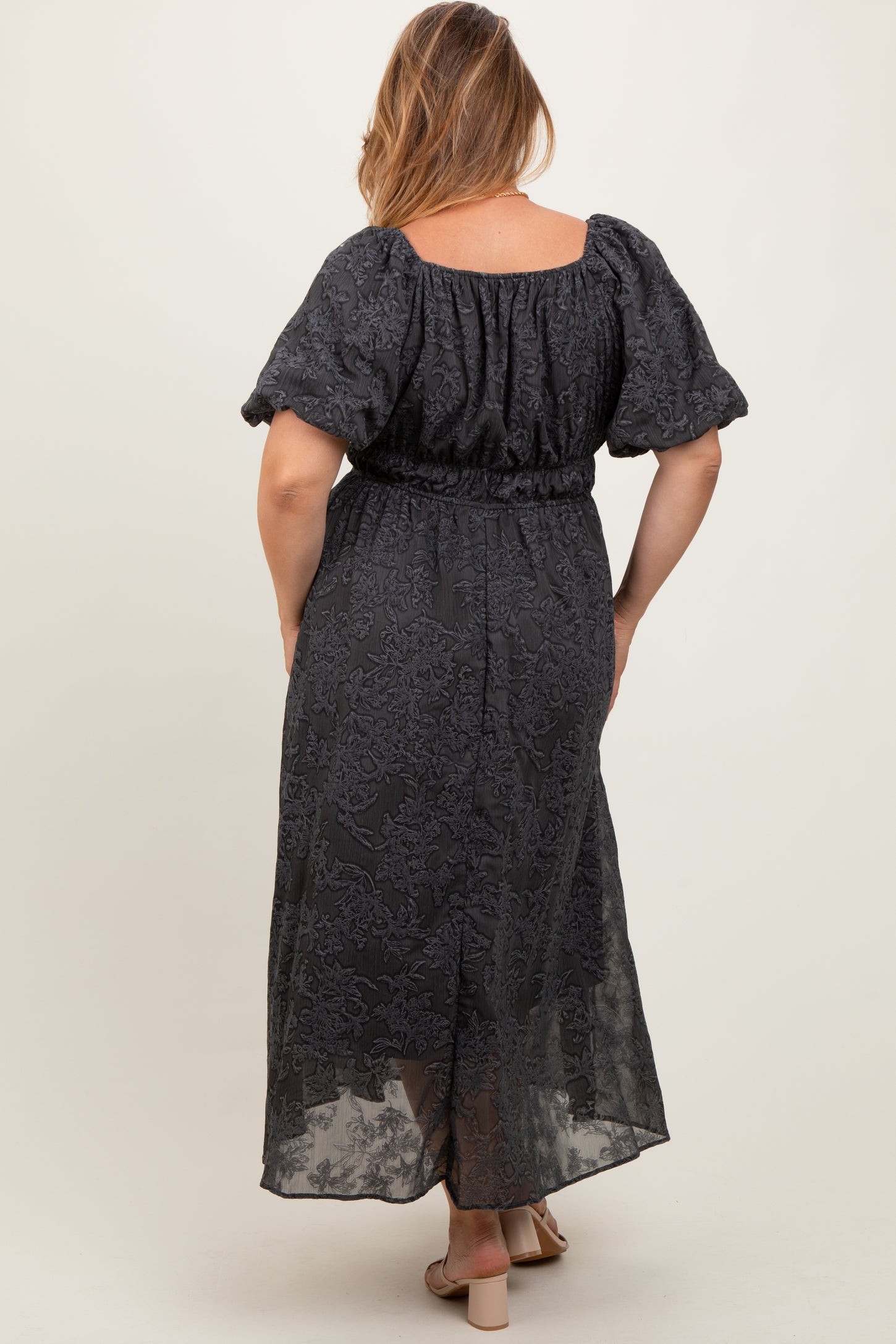 Charcoal Floral Square Neck Bubble Sleeve Maternity Plus Midi Dress