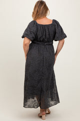 Charcoal Floral Square Neck Bubble Sleeve Maternity Plus Midi Dress