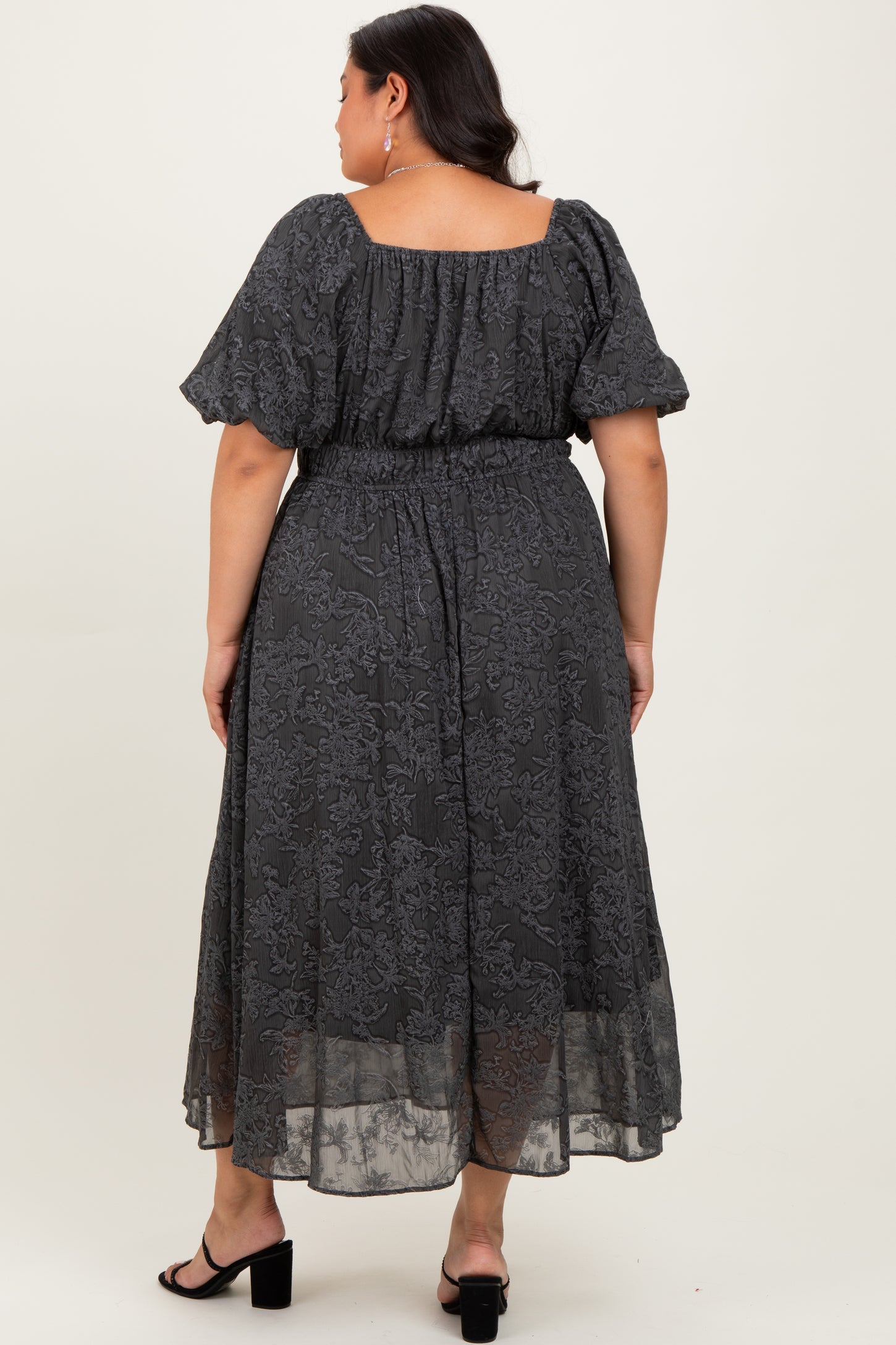 Charcoal Floral Square Neck Bubble Sleeve Plus Midi Dress