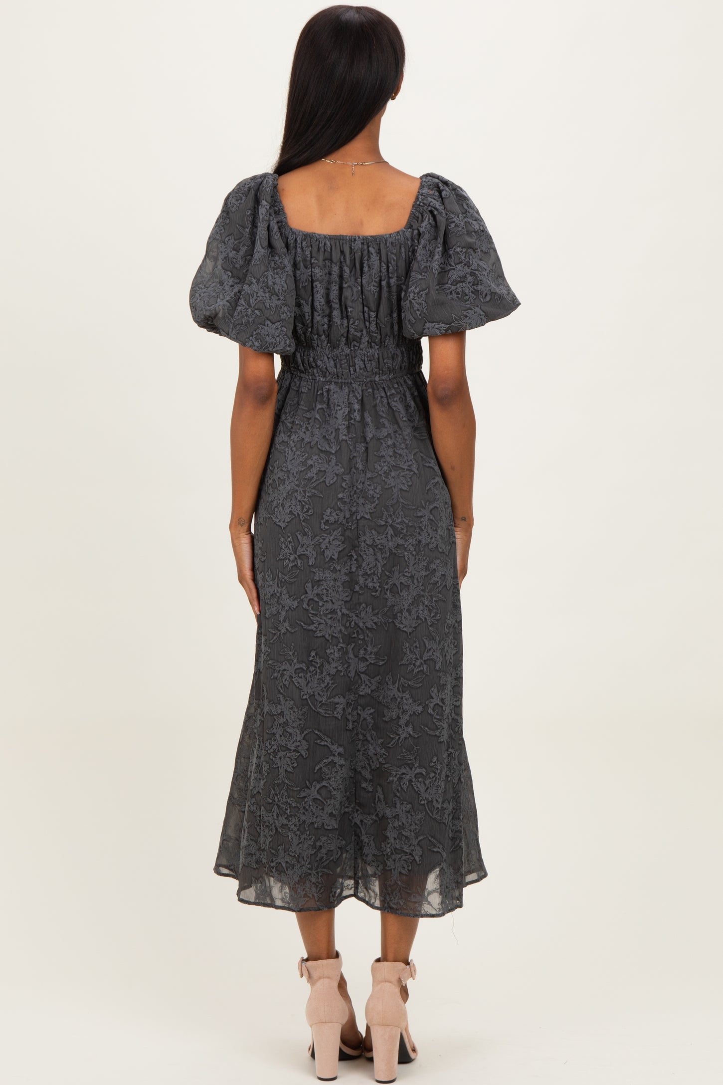 Charcoal Floral Square Neck Bubble Sleeve Mid Dress