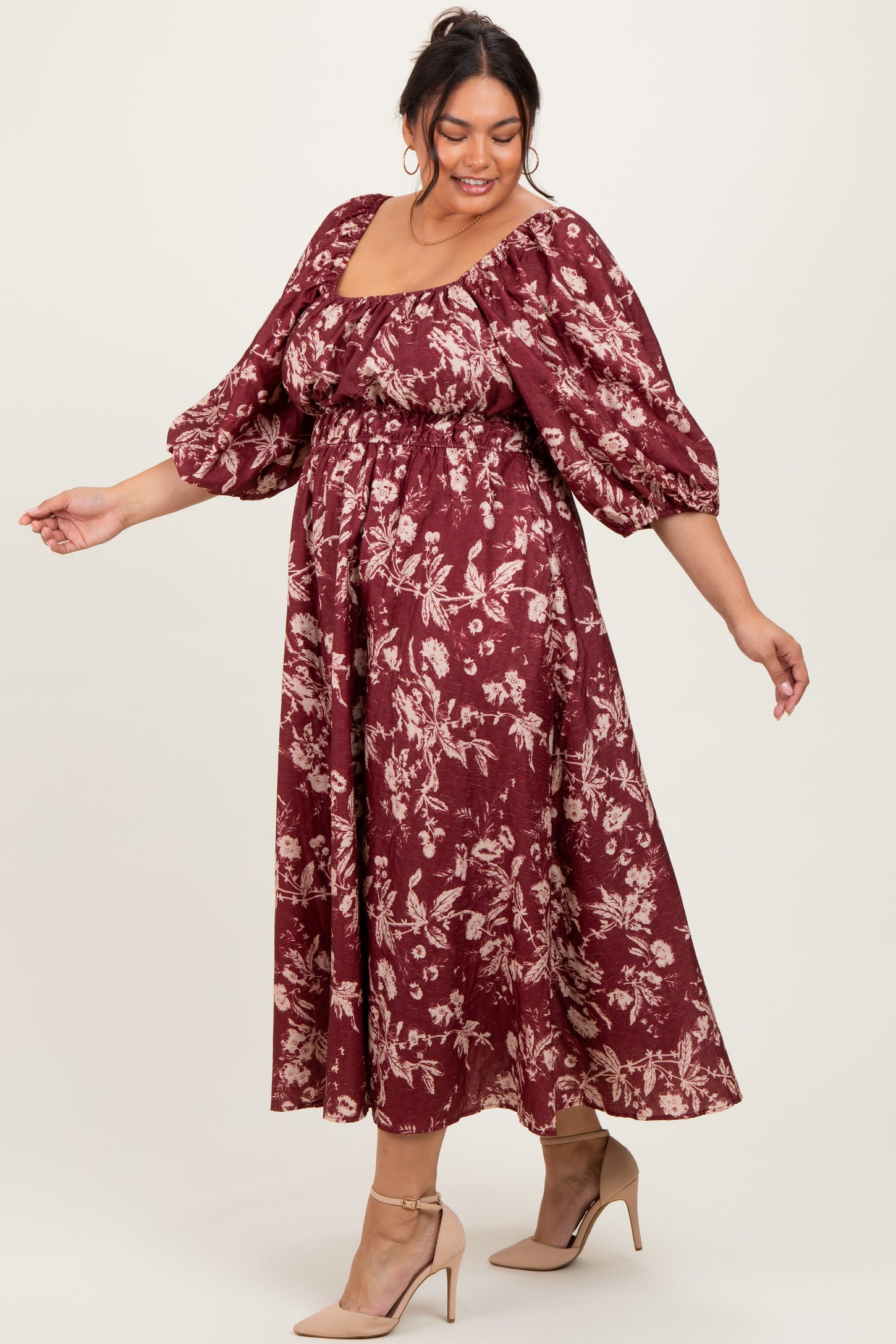 Burgundy Floral Textured Maternity Plus Midi Dress