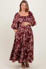 Burgundy Floral Textured Maternity Plus Midi Dress