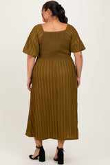 Olive Smocked V-Neck Short Puff Sleeve Textured Plus Midi Dress