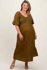 Olive Smocked V-Neck Short Puff Sleeve Textured Maternity Plus Midi Dress