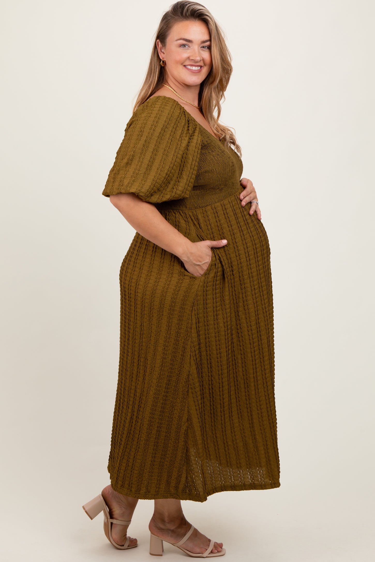Olive Smocked V-Neck Short Puff Sleeve Textured Maternity Plus Midi Dress