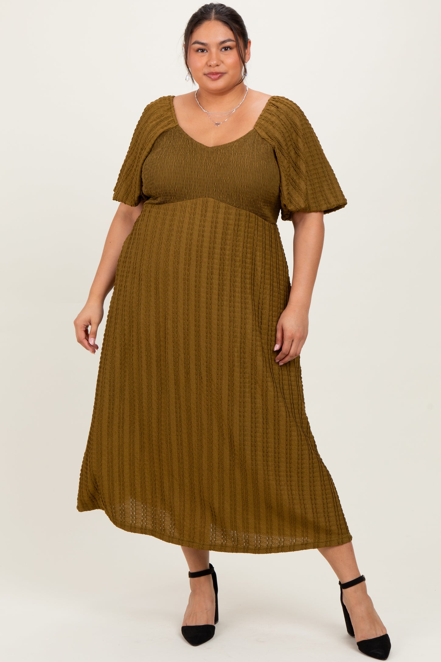 Olive Smocked V-Neck Short Puff Sleeve Textured Maternity Plus Midi Dress