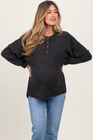 Charcoal Oversized Ribbed Knit Henley Maternity Sweater