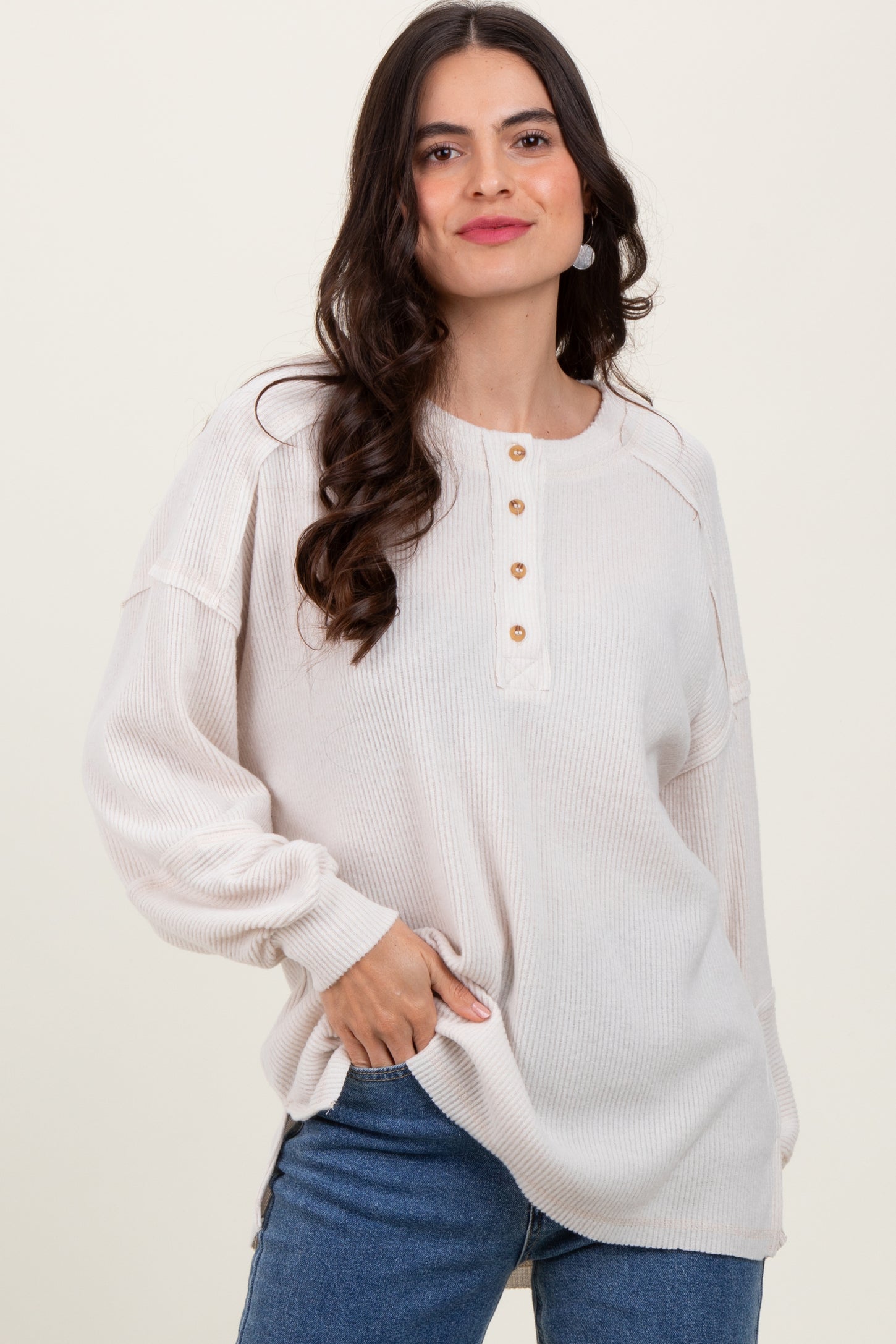 Cream Oversized Ribbed Knit Henley Sweater