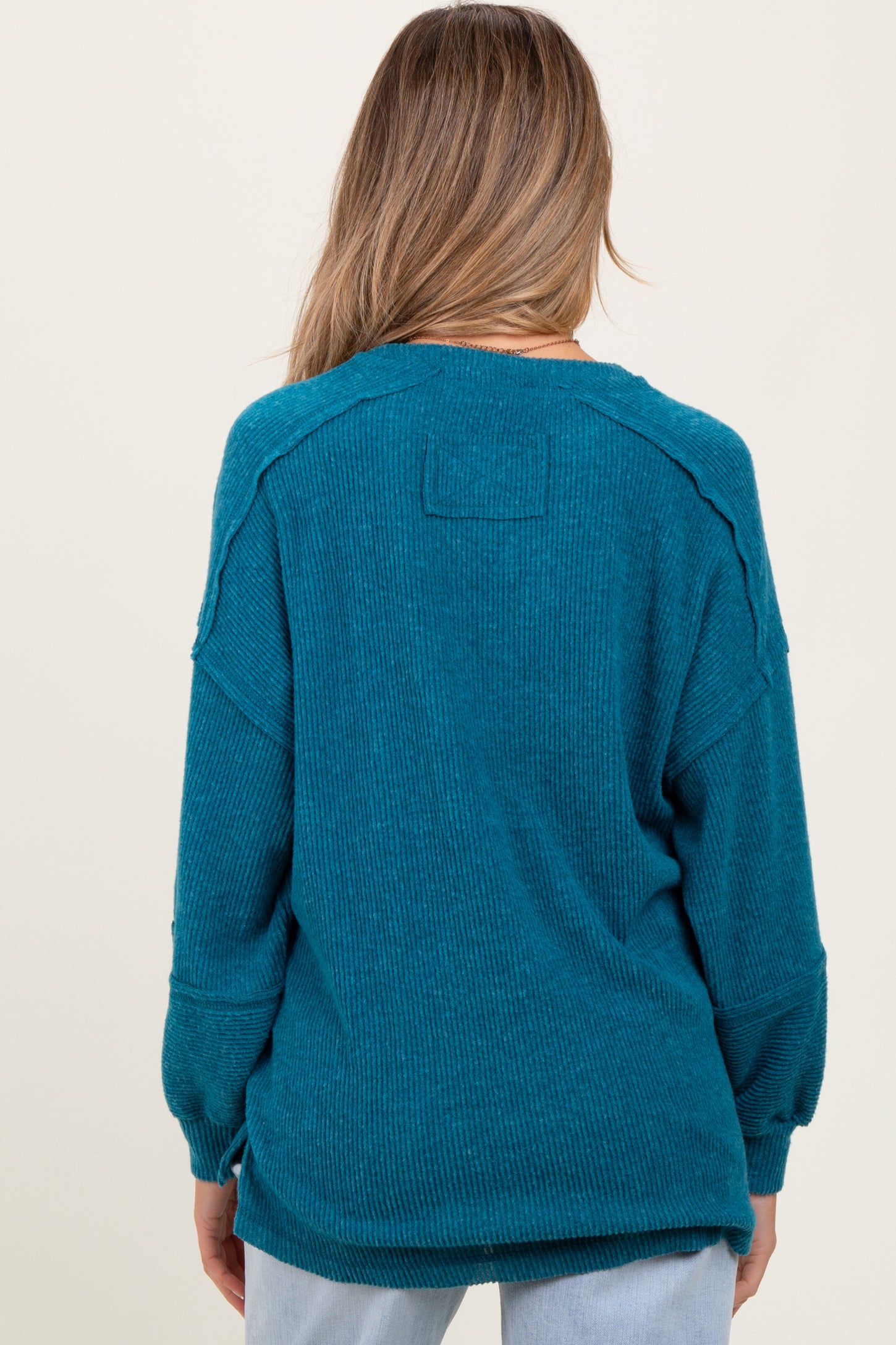 Teal Oversized Ribbed Knit Henley Maternity Sweater