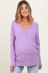 Lilac Front Seam V-Neck Side Slit Maternity Sweater