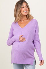 Lilac Front Seam V-Neck Side Slit Maternity Sweater