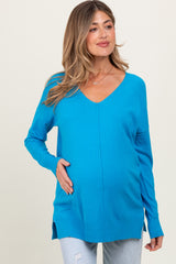 Aqua Front Seam V-Neck Side Slit Maternity Sweater