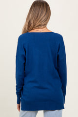 Navy Front Seam V-Neck Side Slit Maternity Sweater