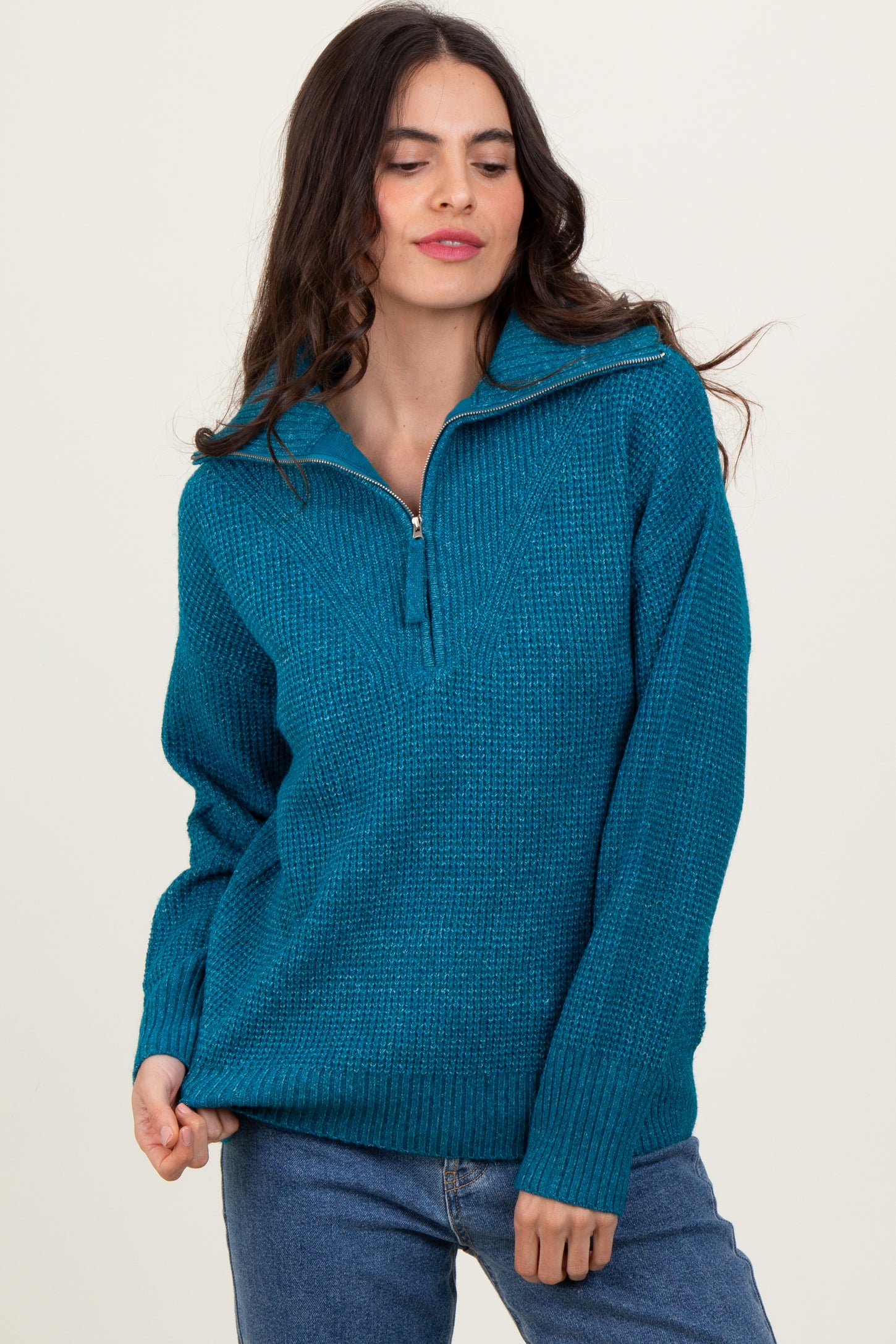 Deep Teal Half Zip Maternity Pullover Sweater