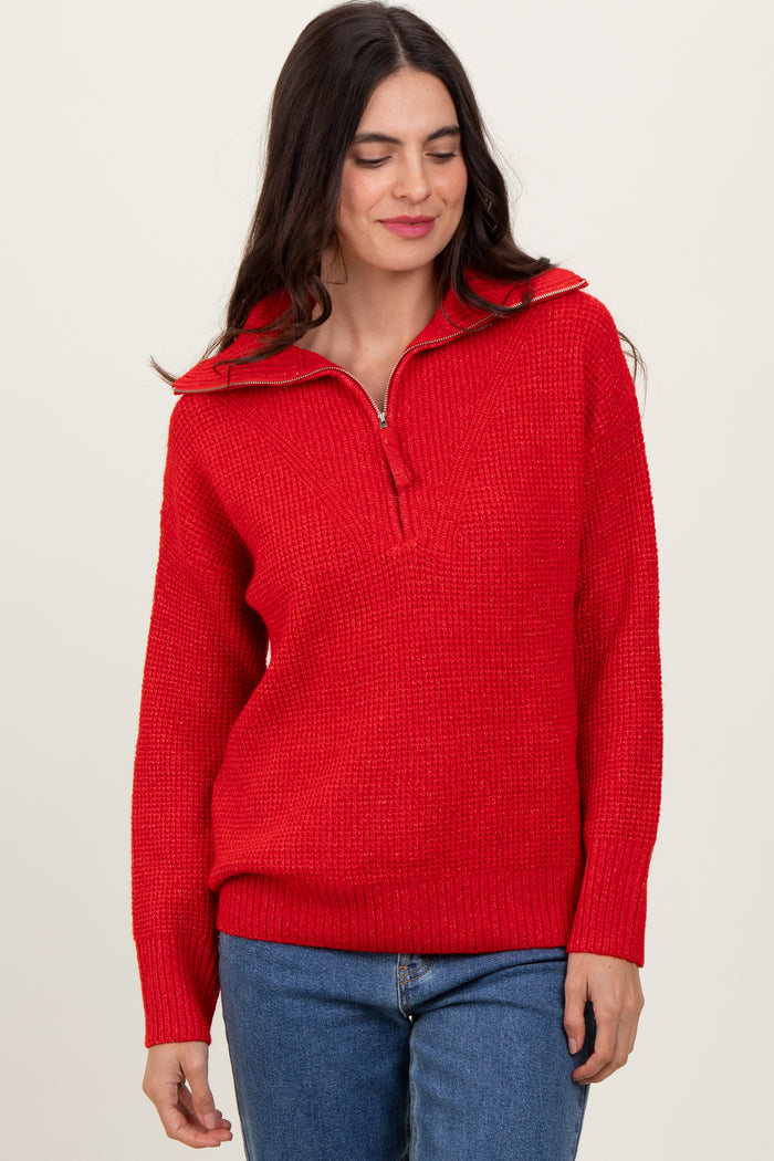 Red Half Zip Maternity Pullover Sweater