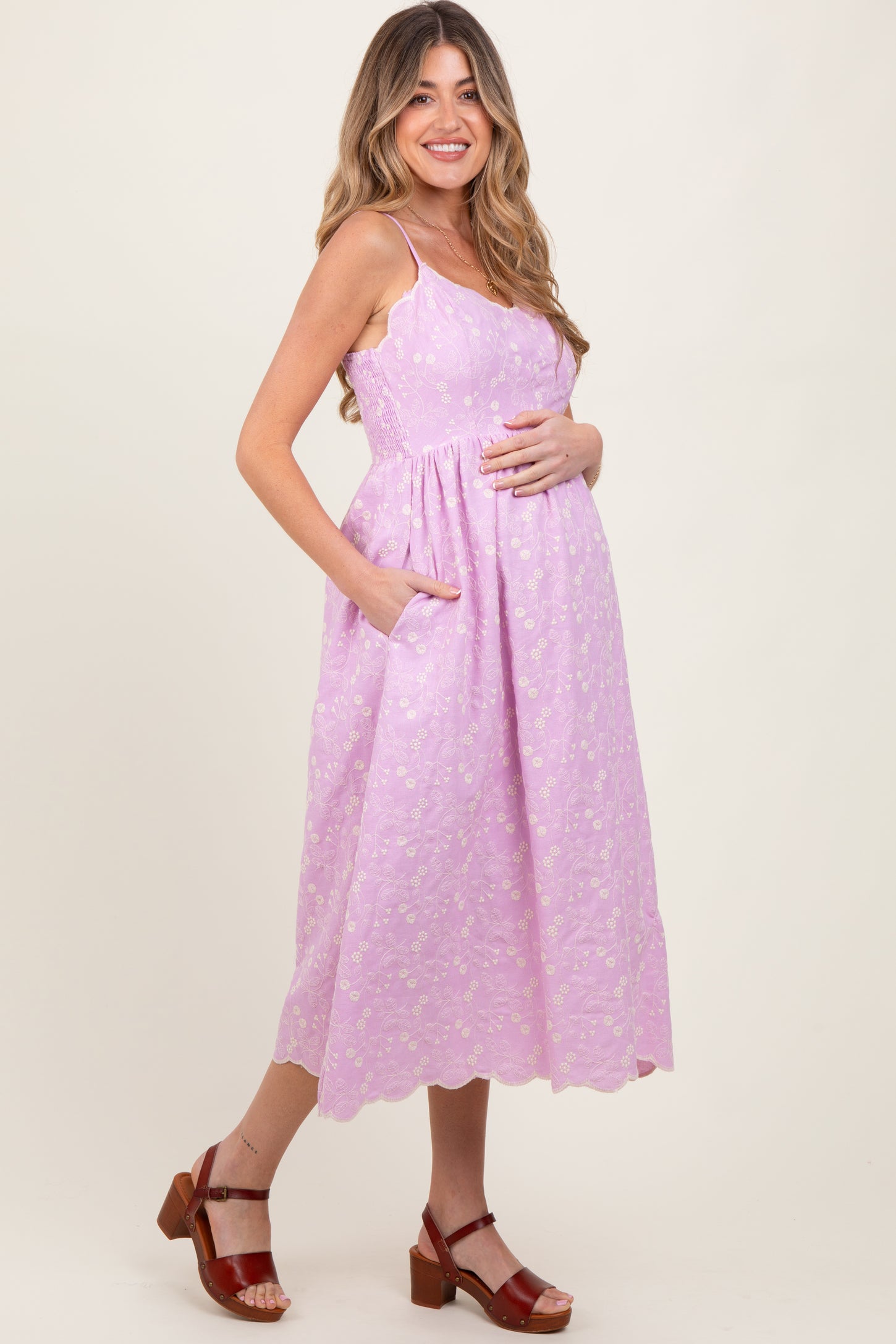 Lavender Floral Embroidered Scallop Detail Maternity Midi Dress