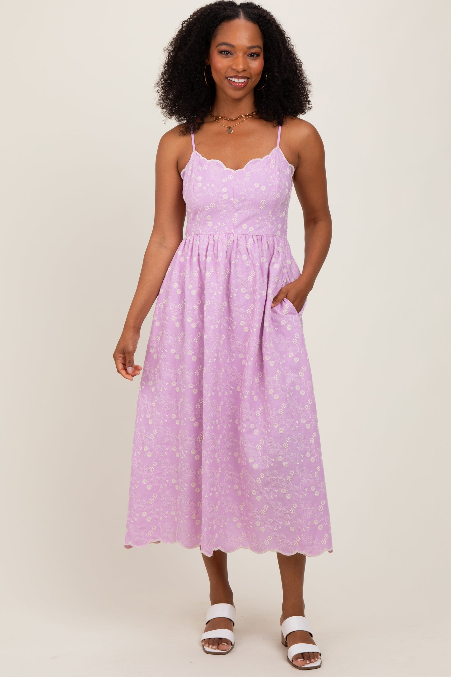 Lavender Floral Embroidered Scallop Detail Midi Dress