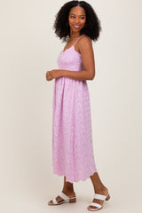 Lavender Floral Embroidered Scallop Detail Midi Dress